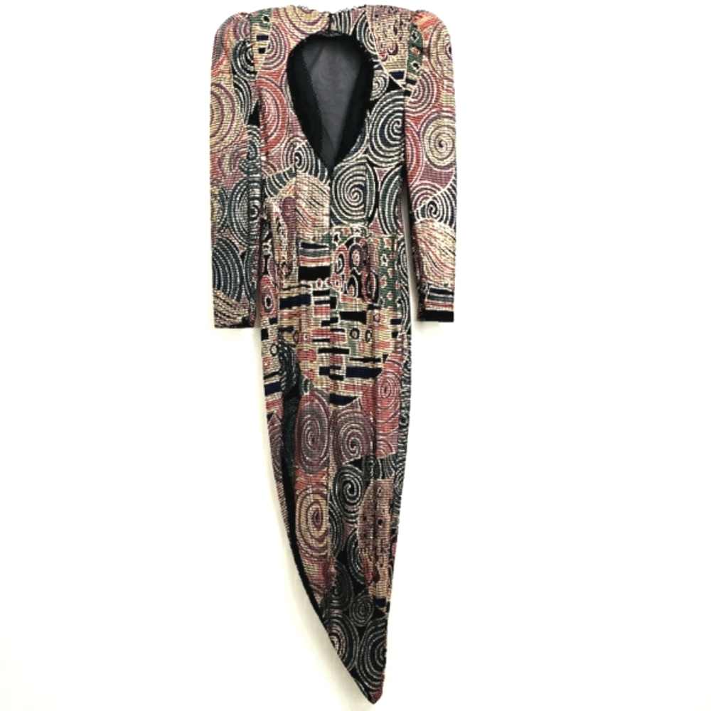 Vintage Cache Metalic Asymmetrical Illusion Plunge Neck Metalic Beaded Maxidress - Picture 9 of 16